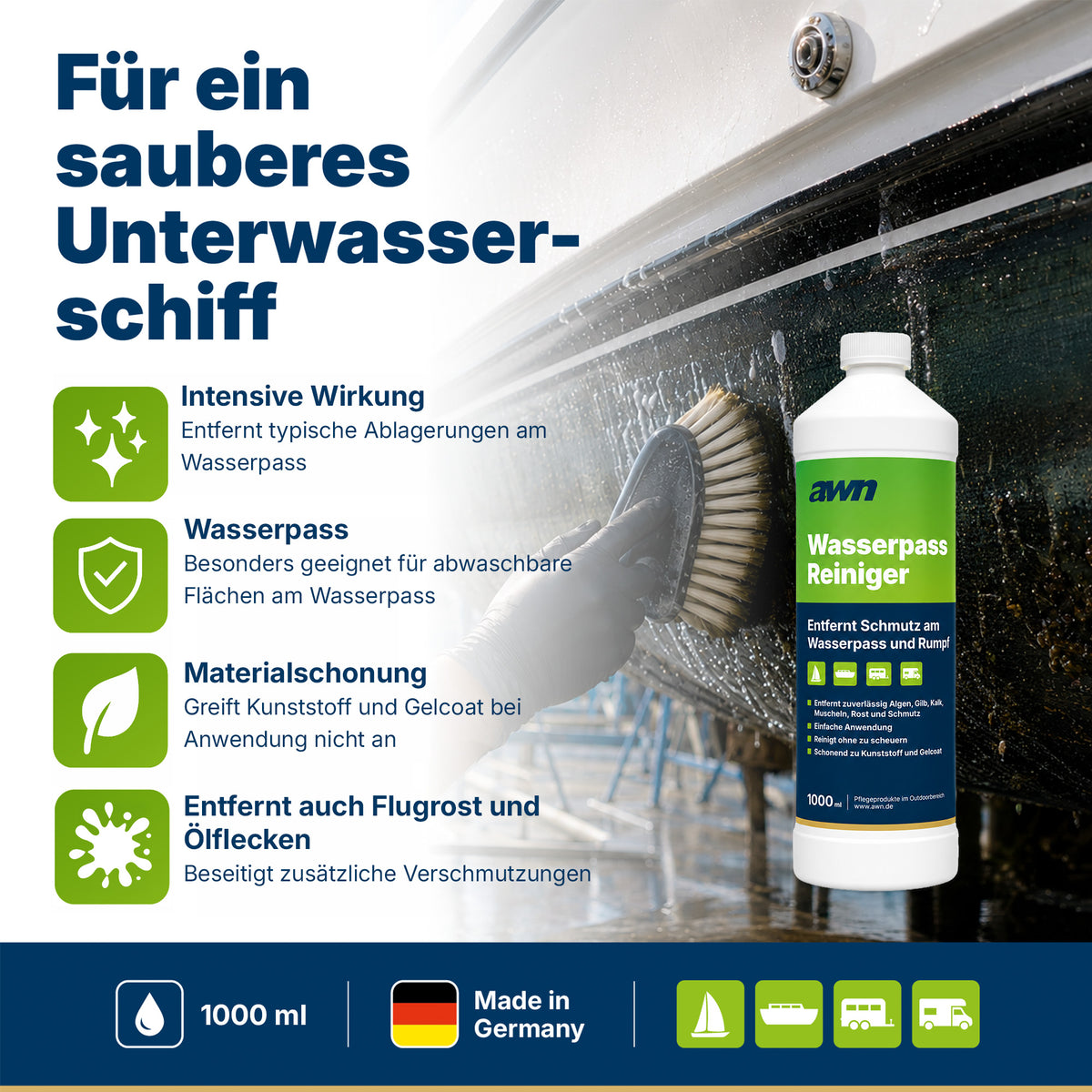 awn Wasserpass Reiniger, gegen Algen, Kalk, Bewuchs und Flugrost, für Wasserpass und Unterwasserschiff, 1 Liter