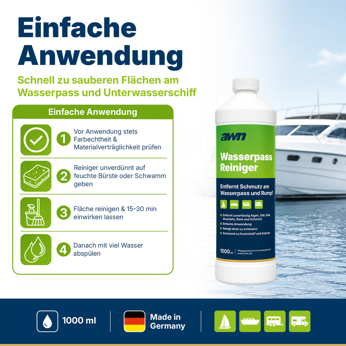 awn Wasserpass Reiniger, gegen Algen, Kalk, Bewuchs und Flugrost, für Wasserpass und Unterwasserschiff, 1 Liter