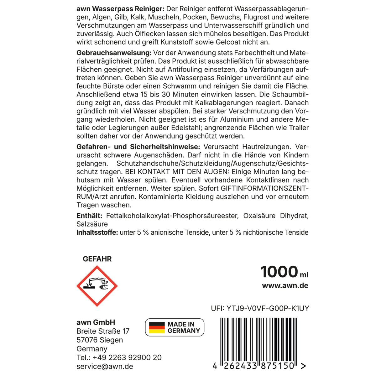 awn Wasserpass Reiniger, gegen Algen, Kalk, Bewuchs und Flugrost, für Wasserpass und Unterwasserschiff, 1 Liter
