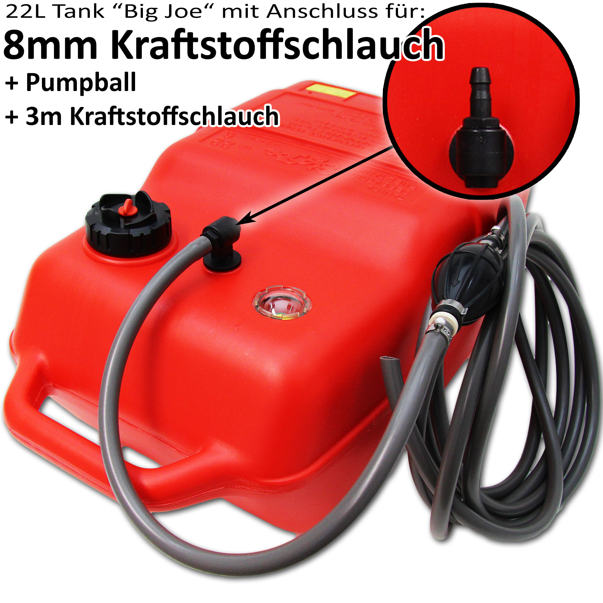 Kraftstofftank rot / Anschlussnippel (8mm) / 3m Schlauch